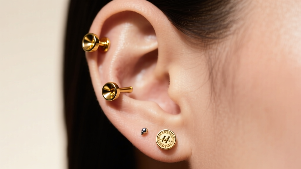 Profile of a curated ear with three 14k gold threadless helix studs and a delicate daith clicker ring under soft studio lighting.