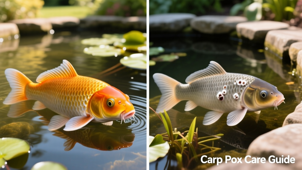 Side-by-side comparison: healthy koi skin versus koi with mild carp pox lesions on dorsal fin