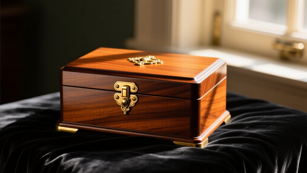 A restored 1920s mahogany jewelry box with polished brass hinges resting on dark velvet, illuminated by warm afternoon sunlight.