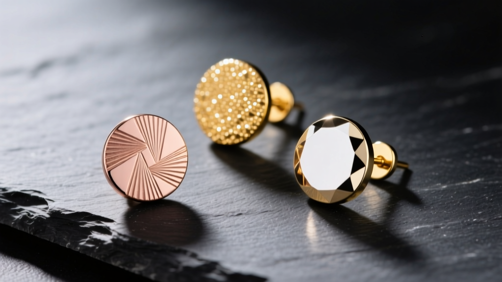 Flat lay of three textured circular stud earrings in rose, yellow, and white gold on dark slate, highlighting surface reflections