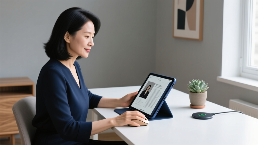 A professional woman using an e-ink tablet and ergonomic vertical mouse at a minimalist home office desk