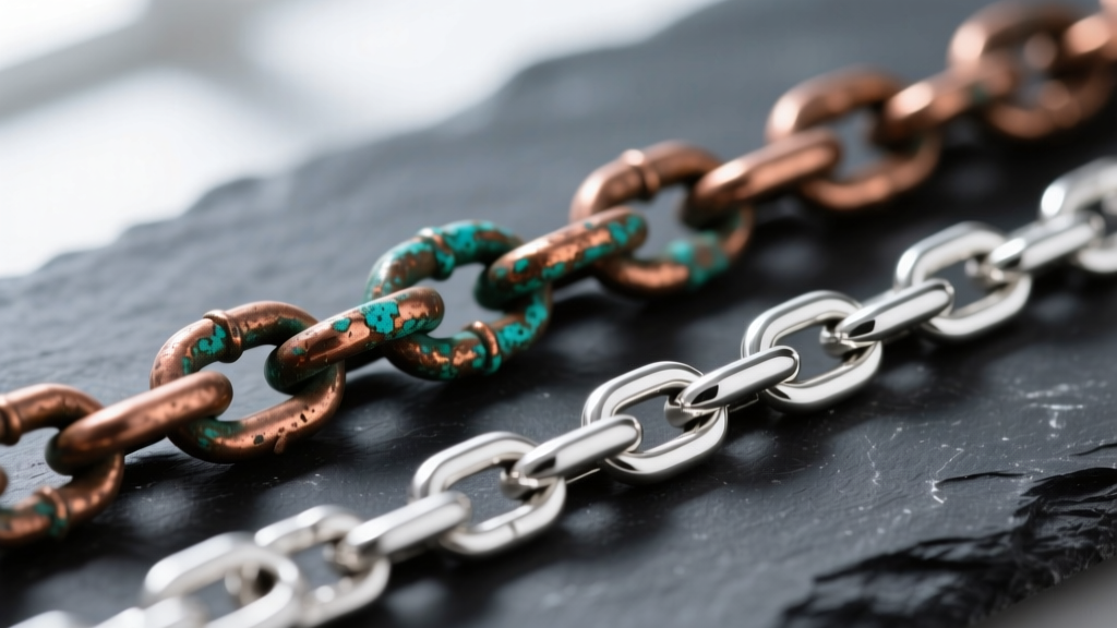 Macro shot of a tarnished copper-alloy silver chain beside a bright Argentium silver chain on a dark slate surface.