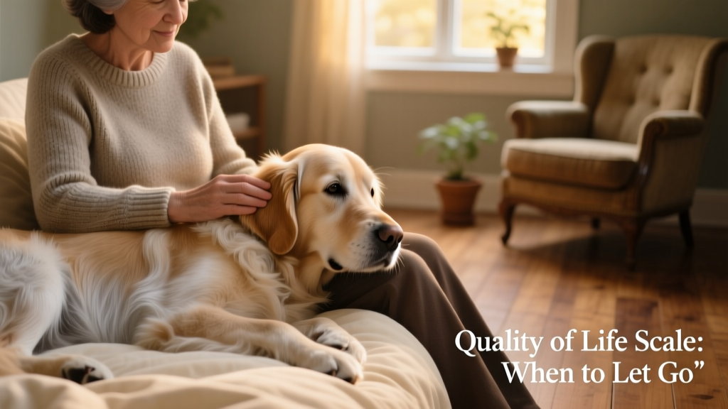 Senior Golden Retriever lying comfortably on soft bedding, gently resting her head on a caregiver's lap