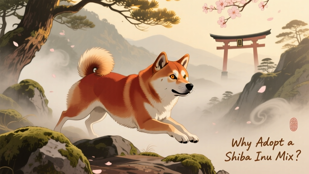 Historical illustration-style image showing a Shiba Inu hunting small game in mountainous terrain, evoking its Japanese heritage