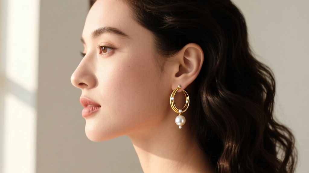 Side profile of woman wearing 18k gold hoop earrings with small white freshwater pearls dangling, lit by warm natural window light