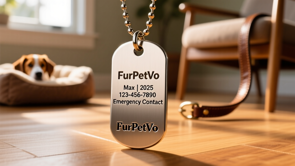 Close-up of a durable, engraved FurPetVo dog tag with clean, legible text