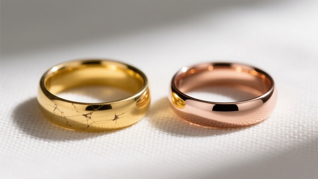 Comparison of a worn 14k yellow gold wedding band and a pristine 14k rose gold band resting on a textured, neutral linen surface.