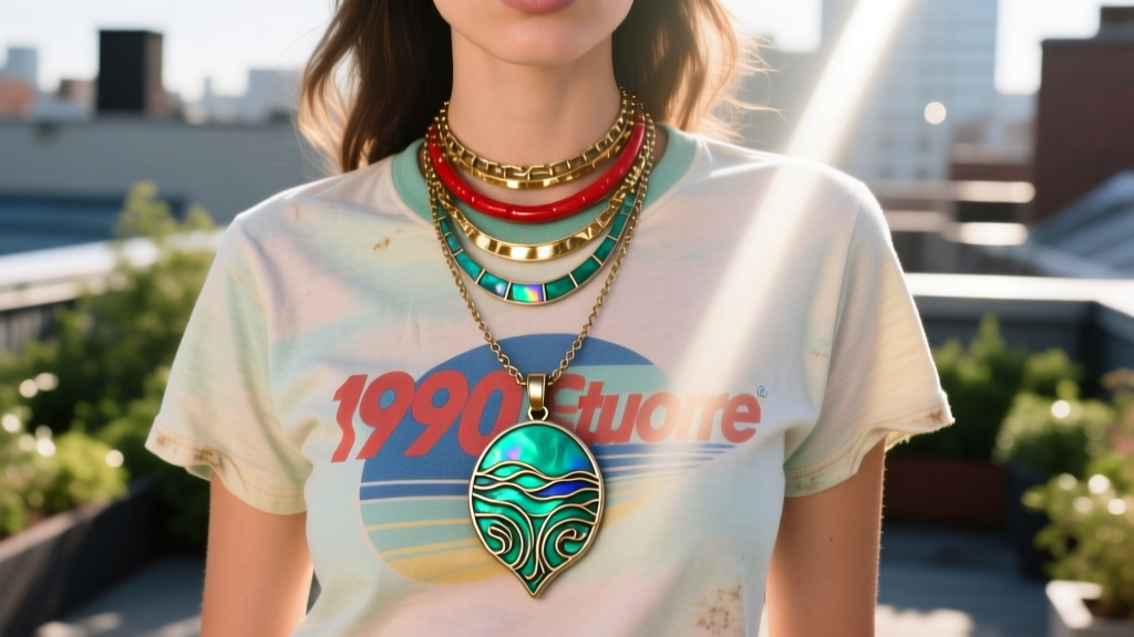 Model wearing a layered Y2K necklace stack with the upcycled Atlantis pendant over a faded vintage graphic tee in sunlight