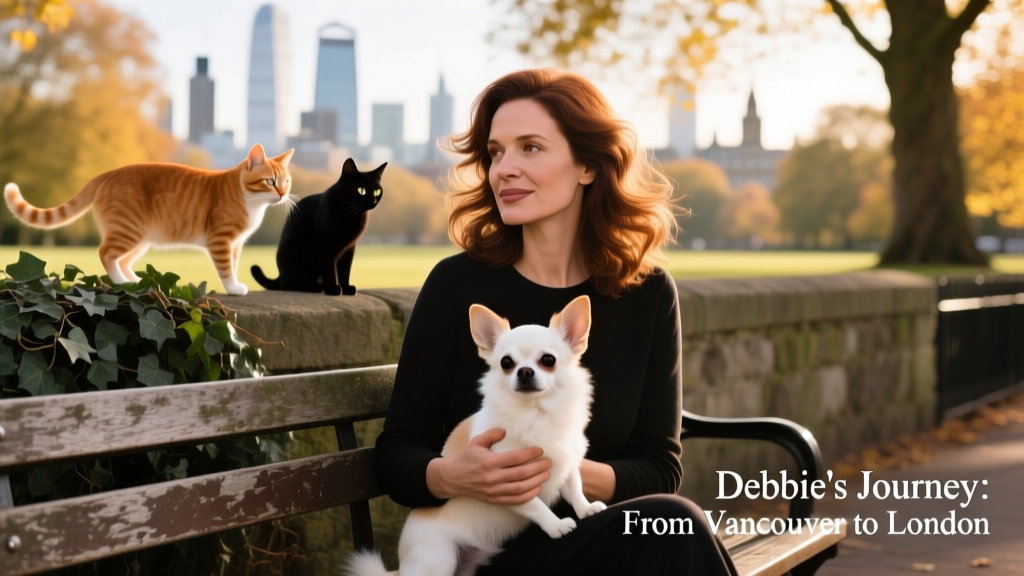 Debbie seated on a park bench in London, gently holding her chihuahua while two curious cats look on from a nearby garden wall