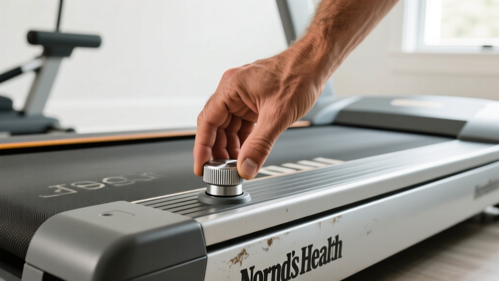 Hands adjusting the FlexSelect cushioning dial on the side of an older NordicTrack treadmill deck to soften impact