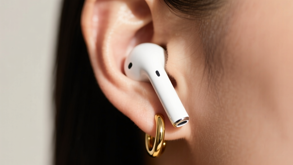 Close-up of an ear wearing a 10mm gold huggie and white wireless earbud, showing tight clearance between the jewelry and device.