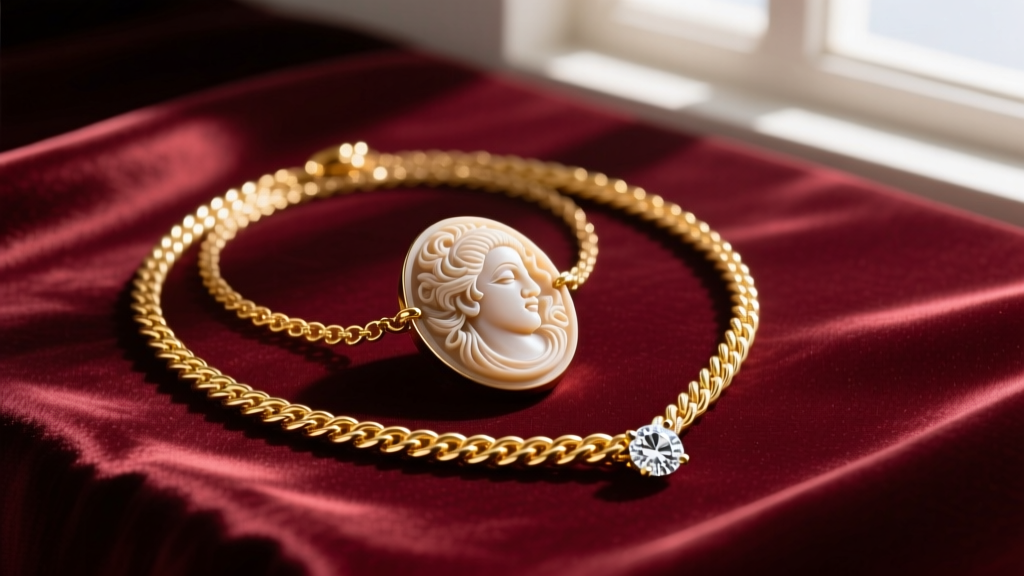 Flat lay of a vintage carved cameo necklace layered with a 22-inch gold rope chain and a small diamond solitaire pendant on silk