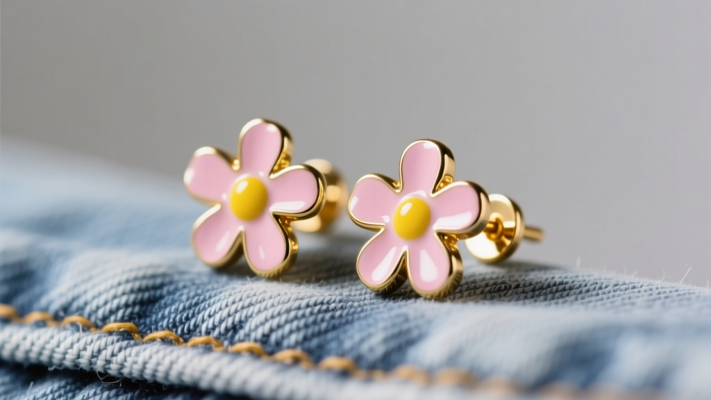 Pastel pink and yellow daisy stud earring on denim, lit by warm studio light to show glossy enamel texture and gold post details
