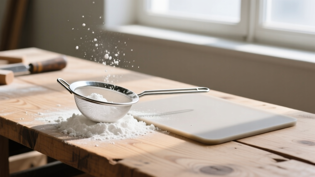 Fine white ashes beside a metal sieve and silicone mat on a wooden workbench, illuminated by bright natural window daylight.