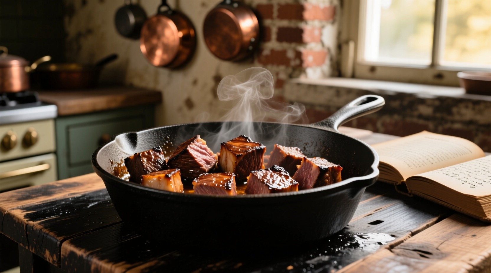 Perfectly browned beef cubes in cast iron pot