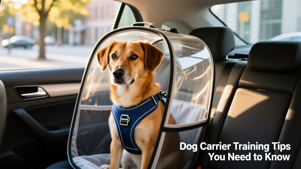 A dog sitting calmly inside a carrier secured on the back seat of a car, wearing a lightweight safety harness