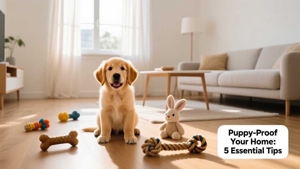 A playful puppy sitting in a clean, sunlit living room with toys nearby