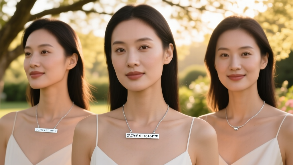 Three women wearing minimalist silver bar necklaces with engraved coordinates, captured in a warm outdoor portrait with soft lighting.