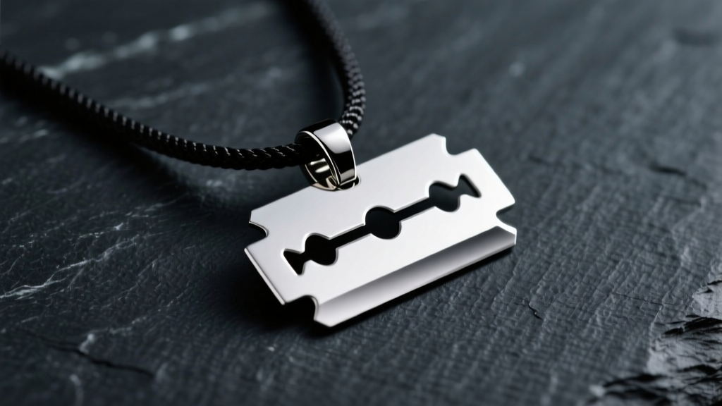 Close-up of a polished stainless steel razor blade pendant on a rope chain against dark slate, showing smooth, safe beveled edges.