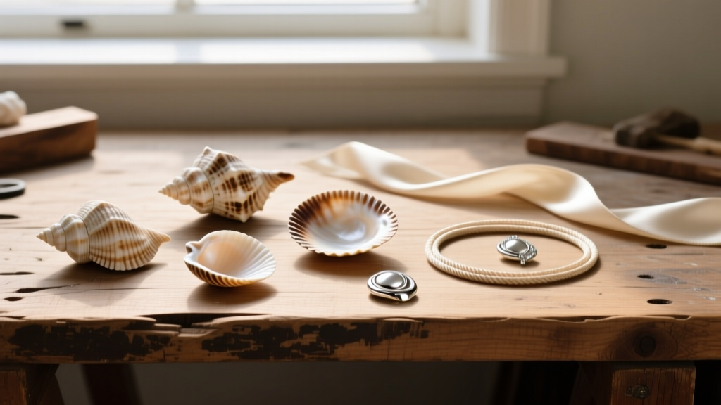 Flat lay of natural puka and cowrie shells, beige silk cord, and silver jewelry findings arranged on a rustic wooden workbench.