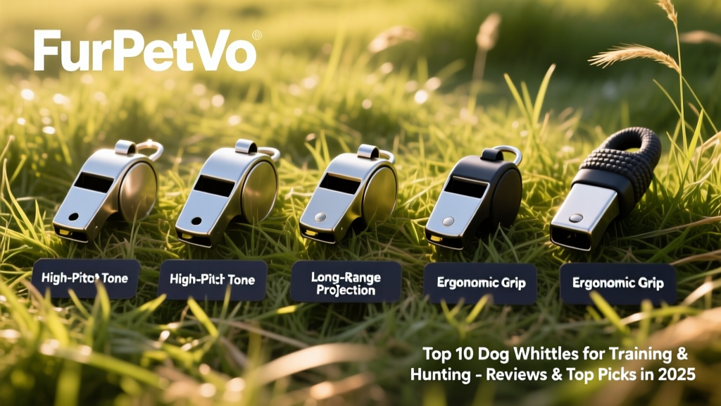 Side-by-side comparison of five FurPetVo whistle models laid out on a grassy field, labeled with key features