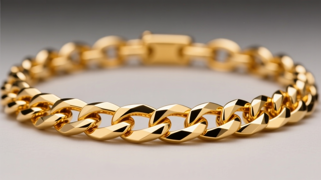 Macro shot of a flattened 18k yellow gold curb chain link used in chest jewelry, highlighting precise diamond-cut beveled edges