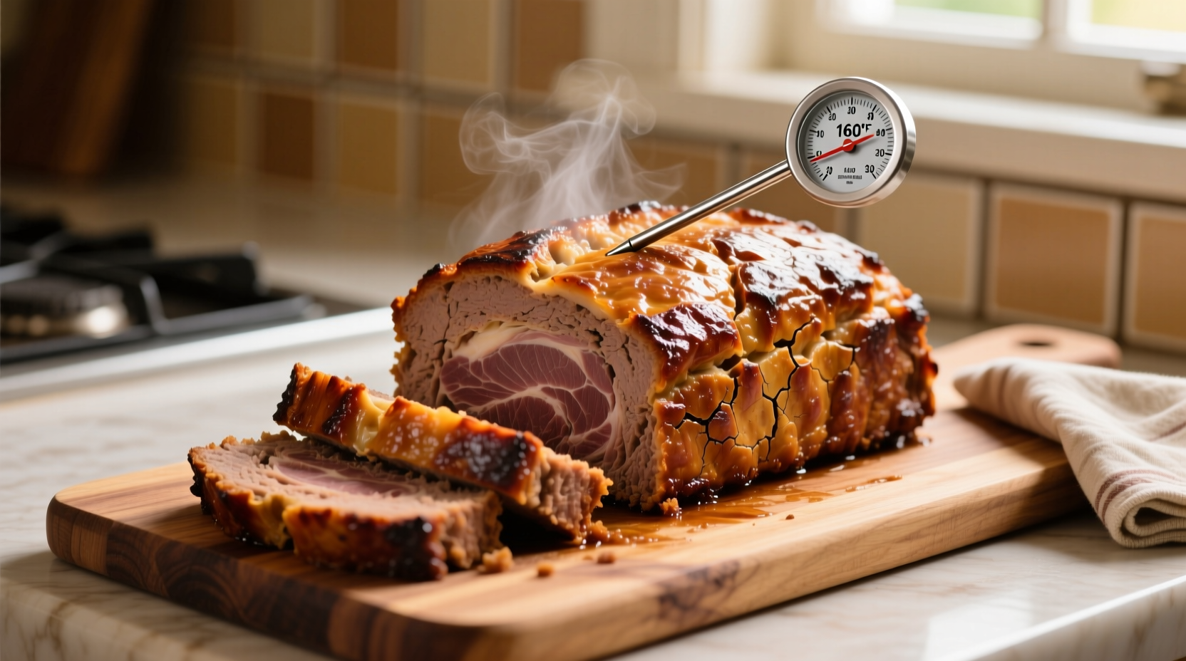 Perfectly cooked 3-pound meatloaf with thermometer showing 160 degrees
