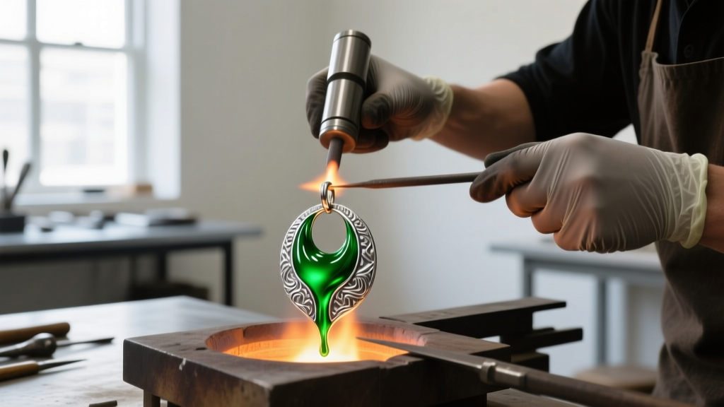 Artisan jeweler using kiln to fuse vibrant green vitreous enamel onto textured sterling silver earring base in a bright studio