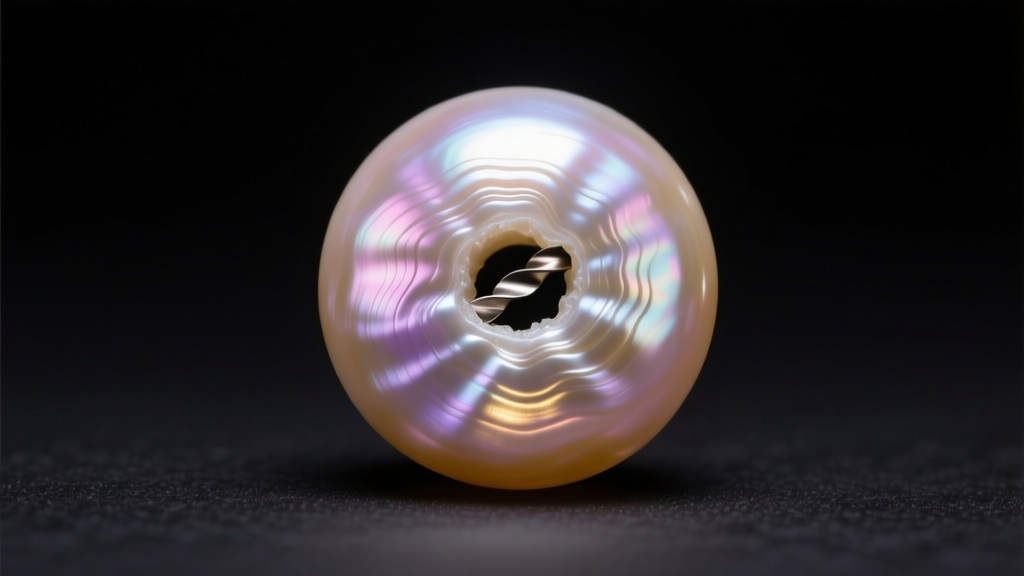 Macro photography of a single nine millimeter pearl drill hole showing thick nacre layers illuminated by a focused jeweler light.