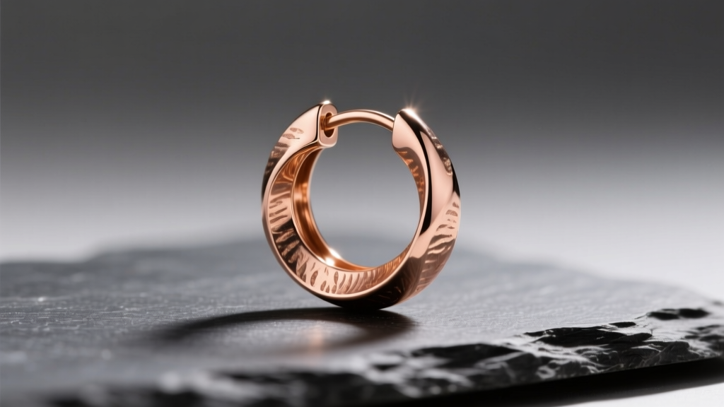 12-gauge 14k rose gold sleeper hoop earring with subtle oxidation and hand-forged texture resting on dark slate in warm light
