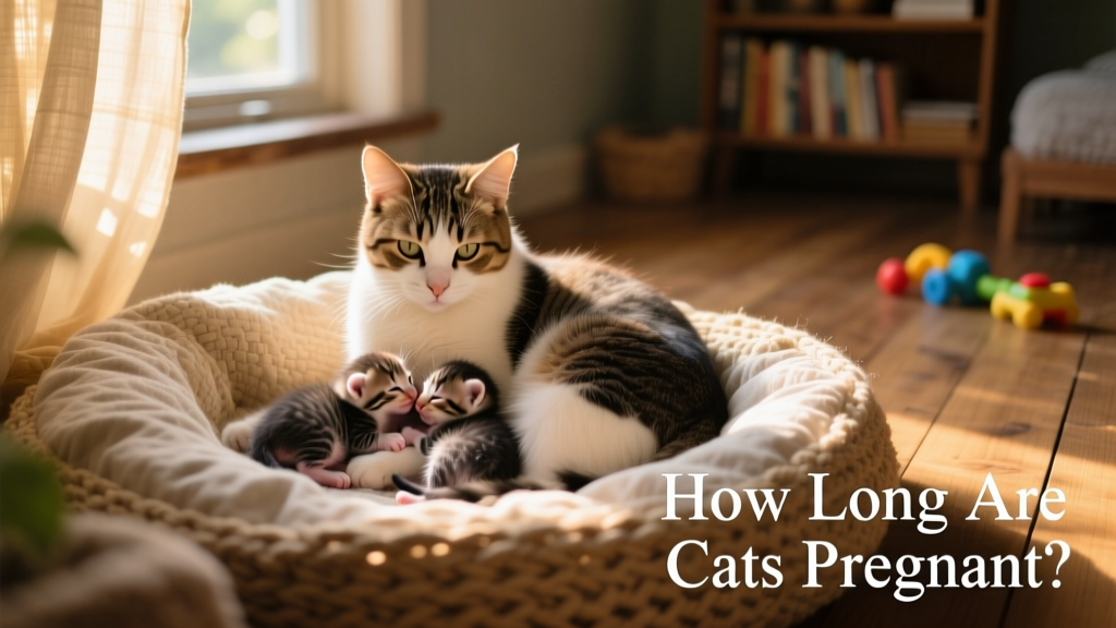 Mother cat nursing her kittens in a quiet, softly lit nesting area