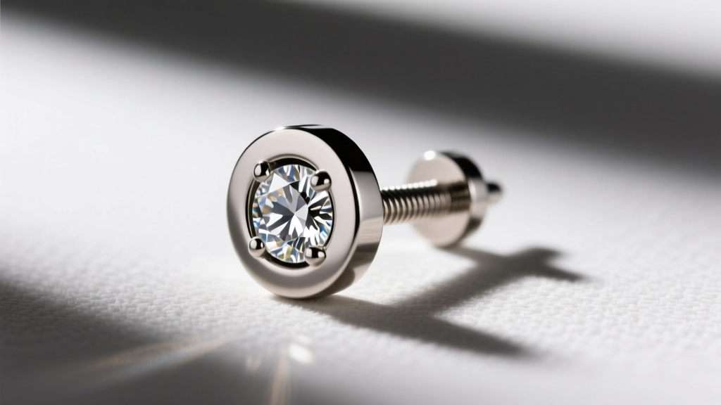 Macro shot of 18-gauge titanium flat-back labret earring with bezel-set diamond, highlighting precision threaded post details