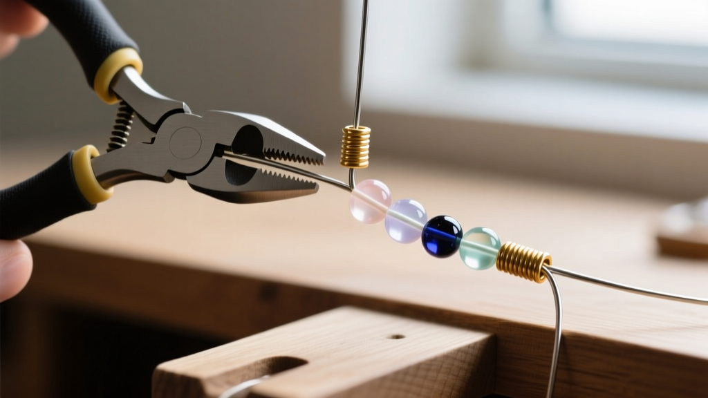 Nylon jaw pliers straightening steel beading wire, with glass seed beads and brass crimp tubes on a wooden jeweler