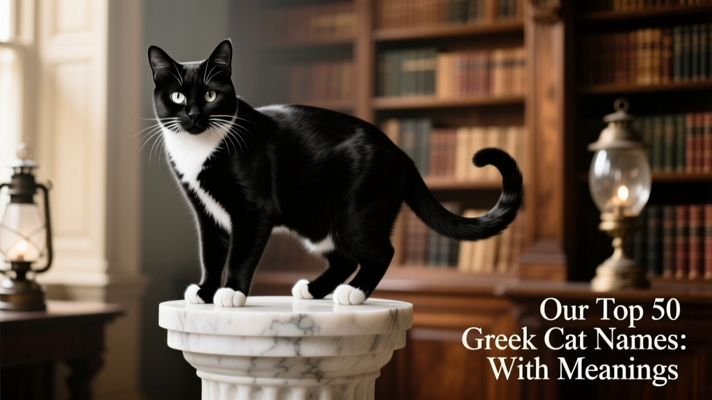 A black-and-white tuxedo cat perched elegantly on a marble pedestal, evoking classical sculpture