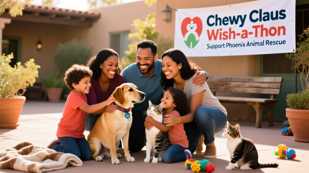 A joyful adoption day event with families meeting their new pets, organized by Phoenix Animal Rescue