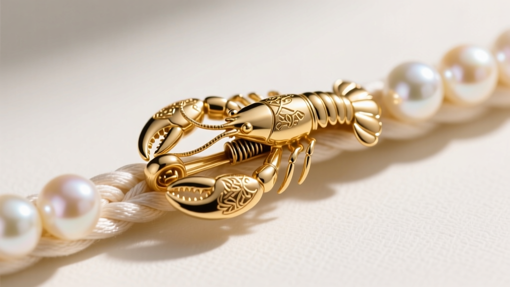 Close-up of a 14k gold lobster clasp on a hand-knotted silk pearl strand, highlighting precise metalwork and the internal spring.