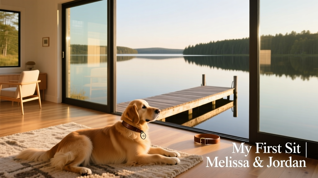 A spacious, sunlit lakeside home with large windows overlooking calm water and a wooden dock