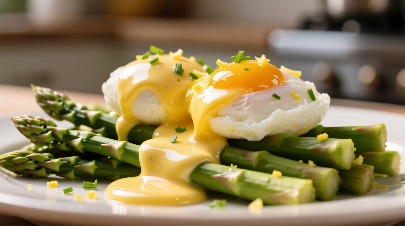 Golden hollandaise sauce drizzled over poached eggs and asparagus