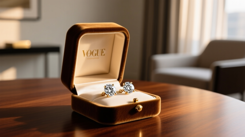 Open velvet box revealing 14k white gold lab-grown diamond stud earrings on a mahogany table under warm, directional lighting.