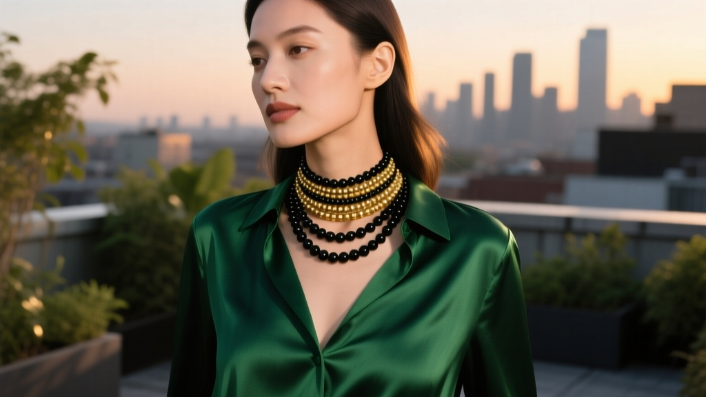 Woman wearing a multi-strand black and gold beaded choker against a deep emerald green silk blouse in warm golden hour sunlight