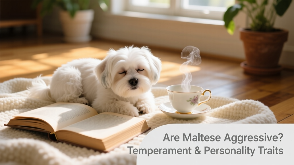 An adult Maltese curled up peacefully on a soft blanket next to a book and teacup