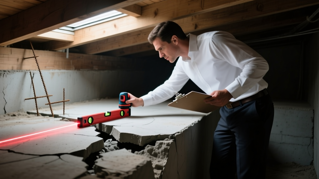 Structural engineer inspecting a cracked concrete slab foundation with a laser level and clipboard in a dimly lit residential crawl space