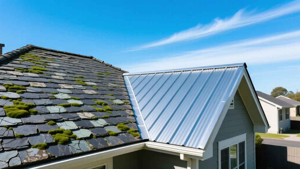 Weathered slate roof tiles contrasting with new standing seam metal roofing on a residential home under a bright clear sky
