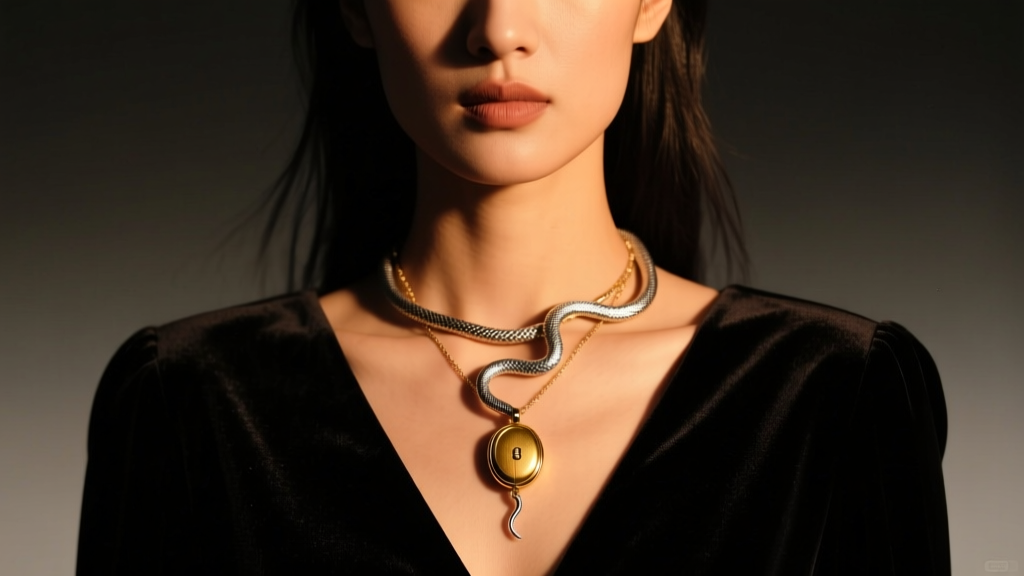 Model wearing mixed-metal necklace stack with silver snake pendant and gold locket over dark velvet V-neck in moody warm lighting