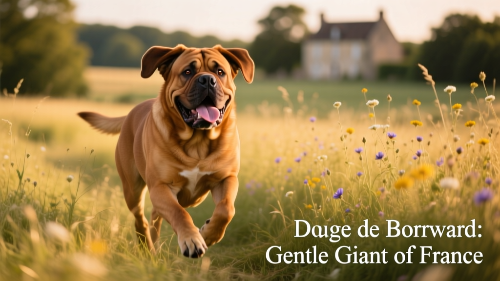 Floppy dogue de bordeaux runs through grass