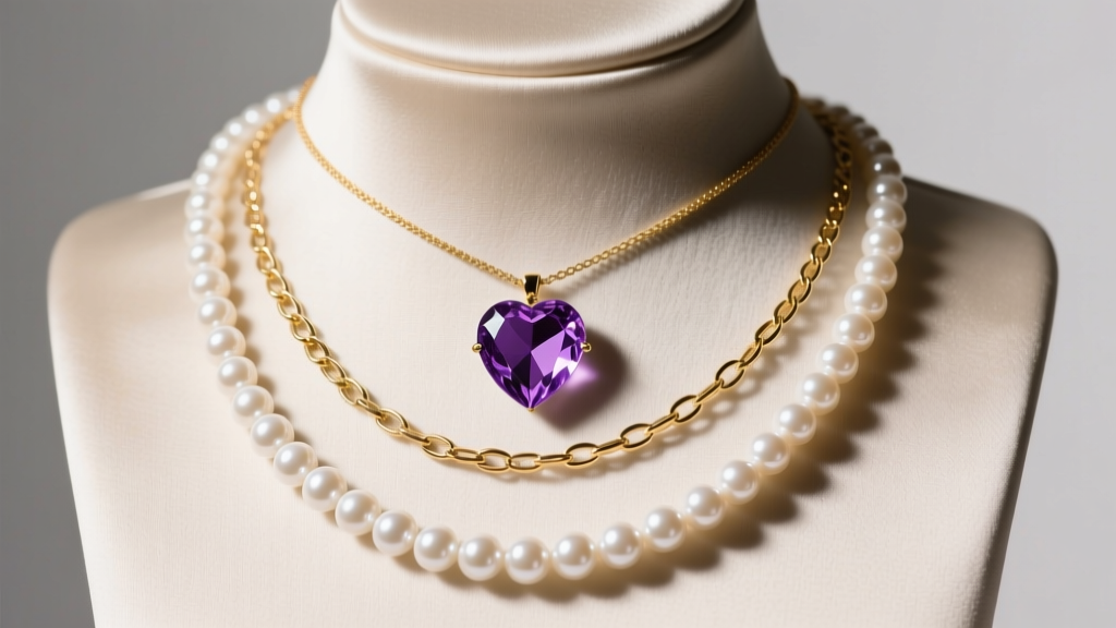 Layered stack with a 16-inch pearl choker, 18-inch amethyst heart pendant, and 22-inch gold lariat chain on a neutral silk bust