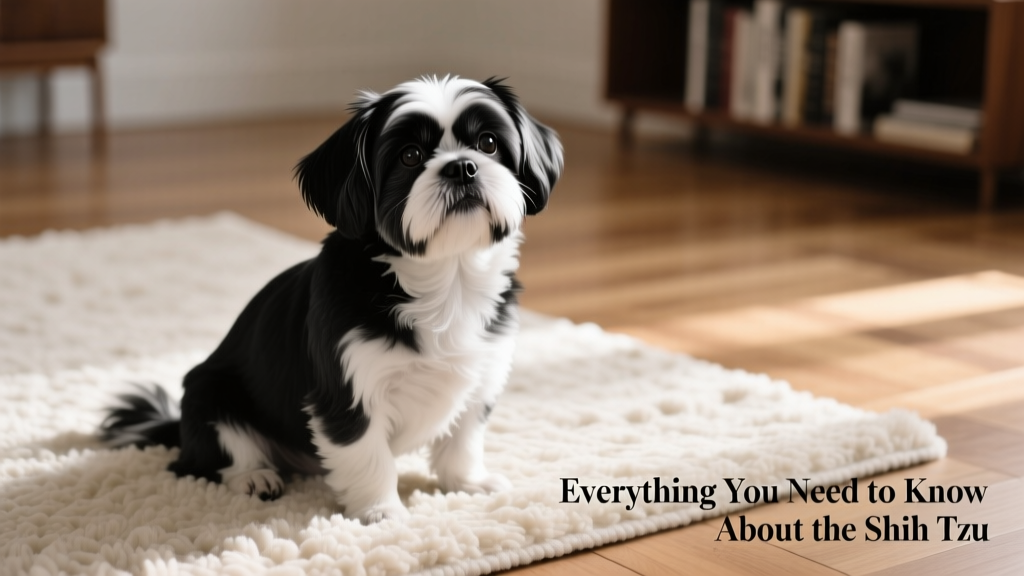 A black-and-white Shih Tzu sitting calmly on a soft rug, head gently tilted with curious, loving gaze