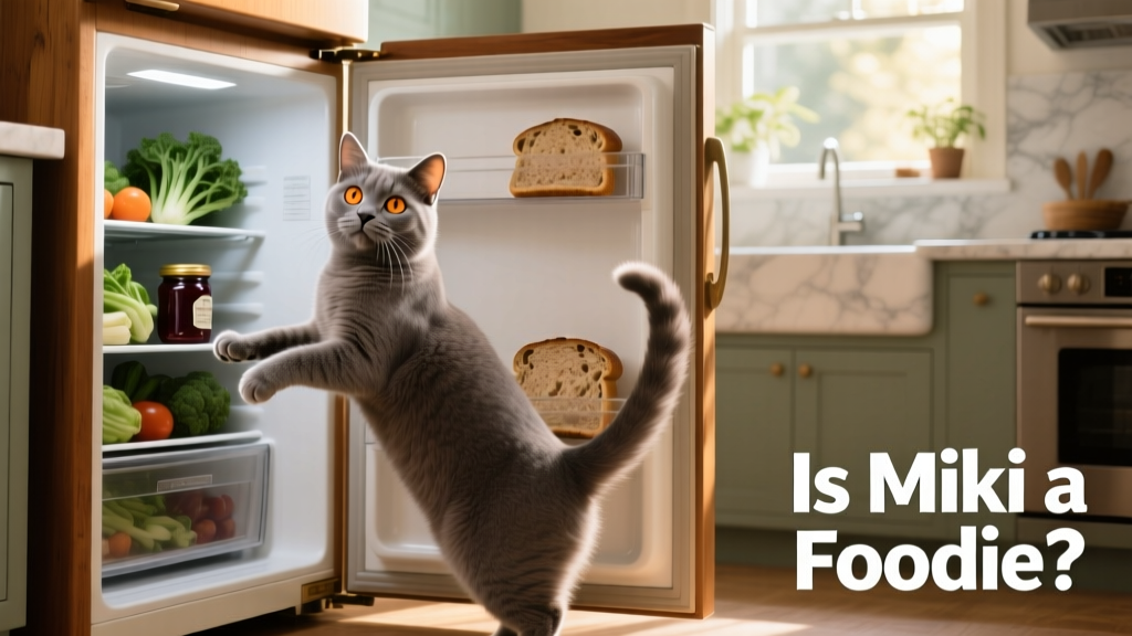 Miki standing on hind legs with front paws on an open refrigerator door, tail held high, looking eager