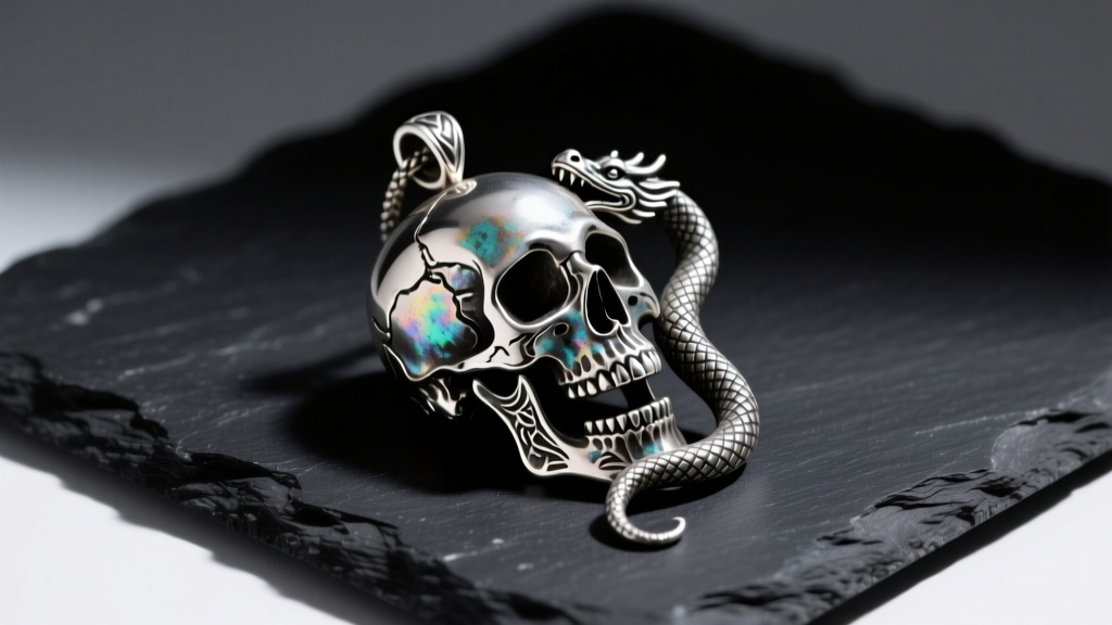 Oxidized sterling silver pendant shaped like a skull and hydra tail, resting on dark slate under moody, dramatic studio lighting.