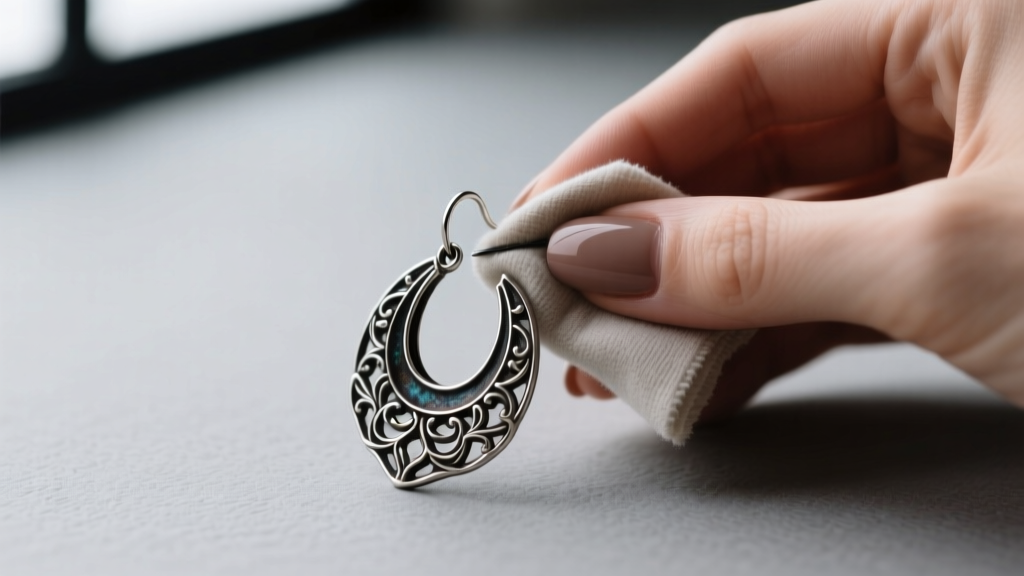 Hands polishing an oxidized silver Berebi earring with a soft cloth to preserve the dark finish and detailed filigree patina